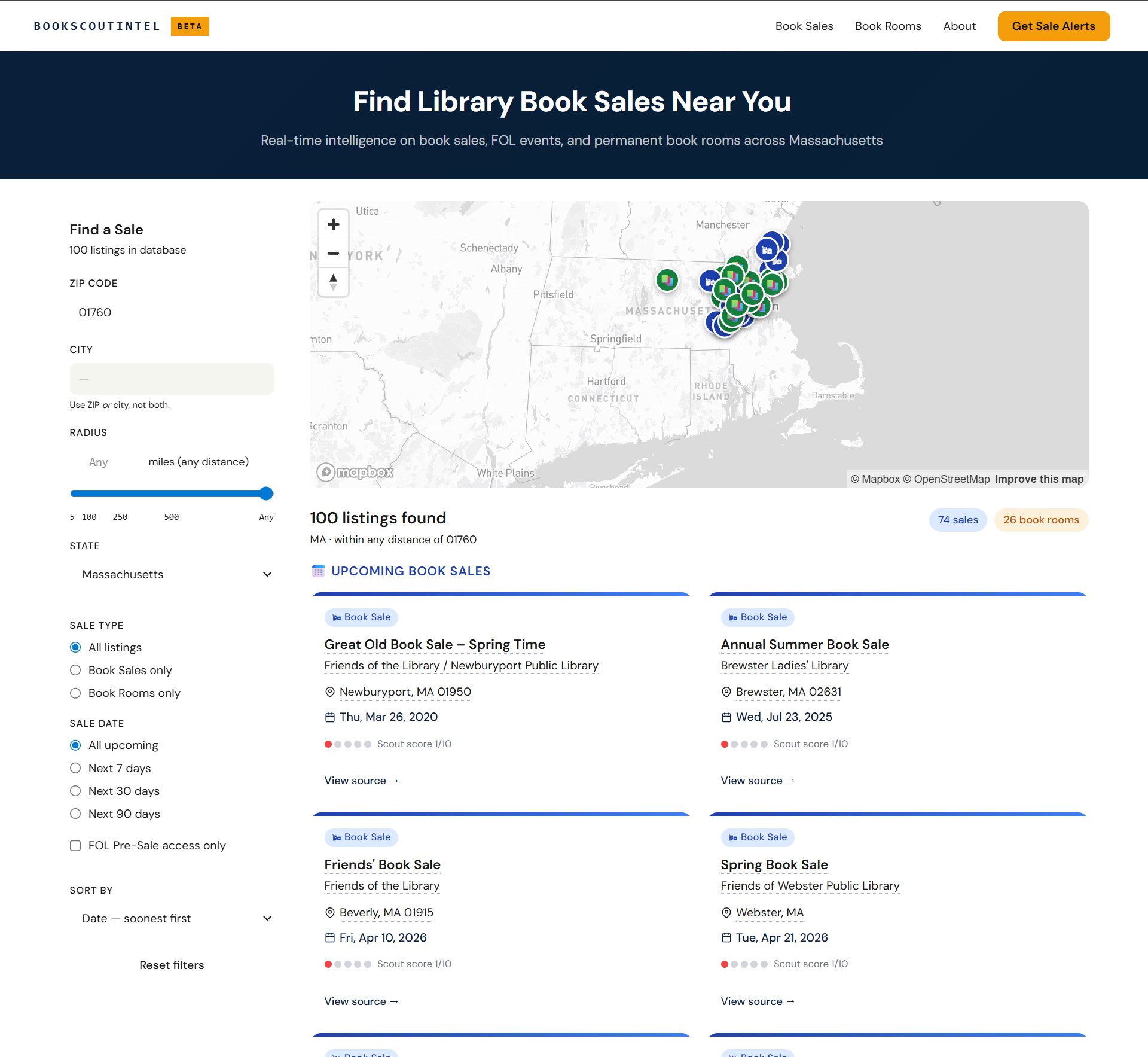 BookScoutIntel — real-time book sale map and listings